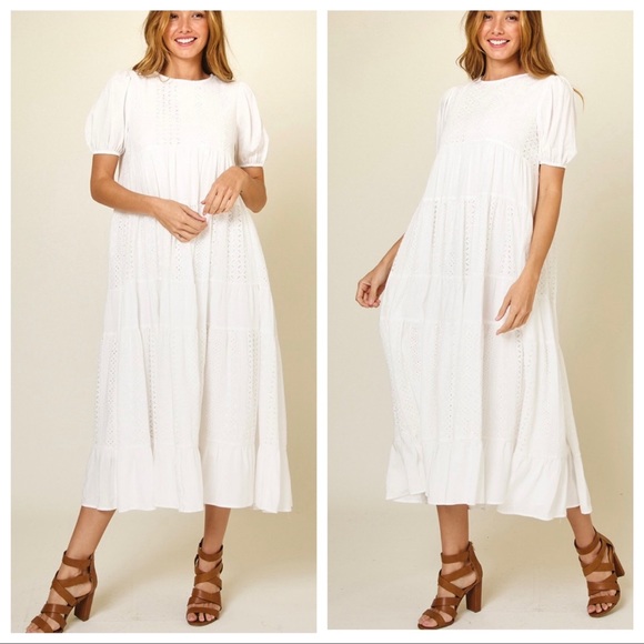 38 Boho absolutely Beautiful Short Puff Sleeves Lace Midi Dress - Picture 2 of 6